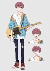 Rule 34 | 1boy, character sheet, guitar, handband, highres, instrument, jacket, jewelry, looking at viewer, mele ck, necklace, red hair, smile, torn clothes