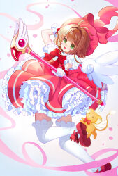 Rule 34 | 1girl, :d, absurdres, antenna hair, bow, brown hair, cardcaptor sakura, creature, dress, frills, full body, fuuin no tsue, glove bow, gloves, green eyes, hair intakes, hat, hat bow, highres, holding, holding wand, kero (cardcaptor sakura), kinjae, kinomoto sakura, kinomoto sakura (magic dream costume), looking at viewer, magical girl, mary janes, mob cap, open mouth, pink bow, pink dress, pink hat, pink petals, pink ribbon, puffy sleeves, red footwear, ribbon, shoes, short hair, smile, thighhighs, wand, white gloves, white thighhighs, white wings, wings