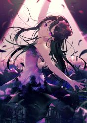 Rule 34 | 1girl, achiki, arm up, bad id, bad twitter id, bare arms, bare shoulders, black hair, blush, commentary request, dancing, dress, flower, from side, hair flower, hair ornament, leg up, long hair, looking at viewer, looking to the side, parted lips, petals, purple dress, purple eyes, purple flower, smile, solo, spotlight, standing, standing on one leg, strapless, strapless dress