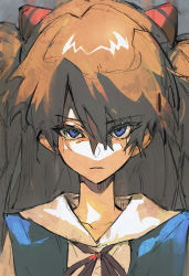 Rule 34 | 1girl, blue eyes, commentary, expressionless, hair between eyes, hair ornament, highres, long hair, looking at viewer, neck ribbon, neon genesis evangelion, orange hair, orniflop, portrait, red ribbon, ribbon, school uniform, solo, souryuu asuka langley, tokyo-3 middle school uniform, two side up, upper body, v-shaped eyebrows, very long hair