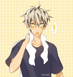 Rule 34 | !, 1boy, alternate hairstyle, black hair, blue shirt, bokuto koutarou, checkered background, claireiosity, eyebrows, haikyuu!!, hair between eyes, hair down, highres, light blush, looking at viewer, male focus, multicolored hair, open mouth, pale skin, shirt, short hair, short sleeves, slit pupils, solo, solo focus, speech bubble, surprised, t-shirt, towel, towel around neck, two-tone hair, wet, wet hair, white hair, yellow background, yellow eyes