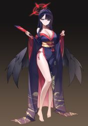 Rule 34 | 1girl, absurdres, alternate costume, barefoot, black hair, black kimono, black wings, blue archive, blush, breasts, cleavage, collarbone, feathered wings, halo, highres, holding, holding paddle, ichika (blue archive), japanese clothes, kimono, large breasts, looking at viewer, obi, paddle, red halo, sash, sbgu, single bare leg, single bare shoulder, smile, solo, toes, wide sleeves, wings, yukata