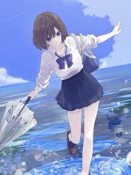 Rule 34 | 1girl, bag, blue skirt, blue sky, bow, bowtie, brown footwear, cloud, collared shirt, dutch angle, highres, holding, holding umbrella, loafers, long sleeves, looking down, ocean, original, outdoors, outstretched arms, parted lips, pleated skirt, purple bow, purple bowtie, purple eyes, rb2, school bag, school uniform, shirt, shoes, short hair, skirt, sky, smile, solo, spread arms, umbrella, walking, water, water drop, white shirt