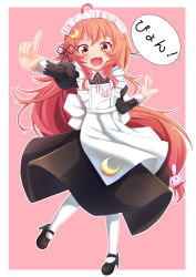 Rule 34 | 1girl, :3, :d, alternate costume, apron, bad id, bad pixiv id, black dress, black footwear, blush, collared dress, commentary request, crescent, crescent hair ornament, dress, enmaided, fang, frilled apron, frills, hair ornament, high heels, highres, juliet sleeves, kantai collection, long hair, long sleeves, low-tied long hair, maid, maid apron, maid headdress, neck ribbon, open mouth, outline, pantyhose, pink background, pink ribbon, puffy sleeves, rabbit hair ornament, red eyes, red hair, ribbon, shoes, sills, smile, solo, standing, standing on one leg, translation request, two-tone background, uzuki (kancolle), very long hair, white apron, white background, white outline, white pantyhose