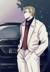 Rule 34 | 1boy, black-framed eyewear, blazer, blonde hair, car, closed mouth, collared shirt, commentary request, expressionless, formal, fukumoto mahjong, hair slicked back, hands in pockets, harada katsumi, highres, jacket, looking afar, male focus, mercedes-benz, motor vehicle, necktie, open clothes, open jacket, pants, profile, red necktie, shirt, short hair, solo, standing, suit, sunglasses, ten (manga), white jacket, white pants, y (yism)