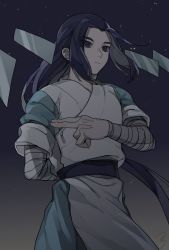 Rule 34 | 1boy, black background, black eyes, black hair, drruraguchi, expressionless, floating, floating object, gradient background, highres, long hair, short sleeves, solo, luo xiaohei zhanji, upper body, very long hair, wuxian (the legend of luoxiaohei)
