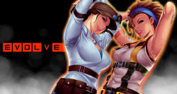 Rule 34 | 2girls, ;), armpits, arms up, baseball cap, belt pouch, breasts, brown eyes, brown hair, caira diaz, cleavage, commentary request, copyright name, dark-skinned female, dark skin, dreadlocks, evolve (video game), gradient background, hair over one eye, hairband, harness, hat, jewelry, lips, looking at viewer, md5 mismatch, multiple girls, necklace, nose, one eye closed, pendant, pouch, sawao, short hair, sleeveless, smile, sunny yu, sweat, sweat stain, tattoo, very dark skin, wet spot