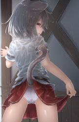 Rule 34 | 1girl, animal ears, brown hair, cat ears, cat girl, cat tail, clothes lift, fang, grey hair, highres, lifted by tail, looking at viewer, looking back, miniskirt, original, panties, rain, red eyes, red skirt, reito (lyra-yasao-0628), see-through, see-through shirt, shirt, short hair, short sleeves, skirt, skirt hold, skirt lift, tail, tail raised, underwear, wet, wet clothes, wet hair, wet shirt, wet skirt, white panties, white shirt