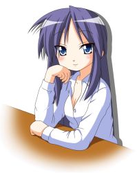 Rule 34 | 00s, 1girl, arm support, blue eyes, blue hair, blush, breasts, cleavage, hand on own cheek, hand on own face, hiiragi miki, long hair, looking at viewer, lucky star, matching hair/eyes, mature female, purple hair, rindou (awoshakushi), shirt, small breasts, solo, white background
