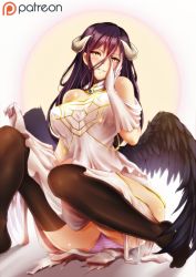 Rule 34 | 1girl, albedo (overlord), bare shoulders, bearwitch, black hair, black wings, blush, breasts, brown thighhighs, covered mouth, demon girl, demon horns, detached collar, dress, elbow gloves, eyelashes, feathered wings, gloves, hair between eyes, hand on own cheek, hand on own face, hands up, highres, hip vent, horns, knees up, large breasts, long hair, looking at viewer, looking away, low wings, overlord (maruyama), panties, pantyshot, purple hair, sitting, slit pupils, smile, solo, striped clothes, striped panties, teeth, thighhighs, underwear, very long hair, white dress, white gloves, wings, yellow eyes