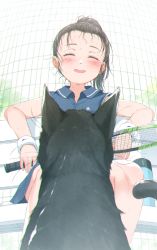Rule 34 | 1girl, :d, ^ ^, animal, black cat, black hair, black shirt, black skirt, blue eyes, blush, breasts, cat, closed eyes, collared shirt, day, closed eyes, facing viewer, feet out of frame, forehead, gomennasai, high ponytail, highres, holding, long hair, looking away, on bench, open mouth, original, outdoors, parted lips, pleated skirt, ponytail, racket, shirt, short sleeves, sitting, skirt, small breasts, smile, solo, sportswear, sweat, sweatband, teeth, tennis racket, tennis uniform, thick eyebrows, upper teeth only, wristband