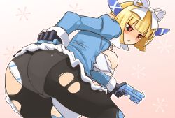 Rule 34 | 10s, 1girl, ass, bell (control), blonde hair, bow, breasts, c (control), cleavage, female focus, gradient background, horns, image sample, medium breasts, panties, pantyhose, pixiv sample, pointy ears, ribbon, short hair, solo, symbol-shaped pupils, torn clothes, torn pantyhose, ug (nekonekodou), underwear