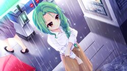 Rule 34 | 2girls, arrow (symbol), black footwear, braid, brown skirt, cityscape, dot nose, fare gate, film grain, from above, frown, game cg, green hair, holding own arm, izumi tsubasu, long braid, long skirt, long sleeves, multiple girls, non-web source, official art, puddle, purple skirt, rain, re:stage!, red umbrella, ripples, shirt, shoes, sign, single braid, skirt, solo focus, sparkle, subway station, ticket machine, umbrella, wet, wet clothes, white shirt, yellow eyes