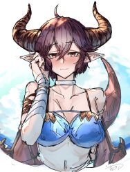 Rule 34 | 1girl, ahoge, bandaged arm, bandages, bare shoulders, bikini, blue bikini, blush, breasts, brown hair, choker, closed mouth, dragon girl, dragon tail, dragon wings, embarrassed, granblue fantasy, grea (shingeki no bahamut), hair between eyes, hand in own hair, hand up, highres, holding, large breasts, nabeji (wata nb), pointy ears, red eyes, short hair, sidelocks, signature, solo, swimsuit, tail, upper body, wings
