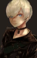 Rule 34 | 1boy, black background, blue eyes, highres, looking at viewer, lumicakes, male focus, nier (series), nier:automata, portrait, simple background, smile, solo, white hair, 9s (nier:automata)