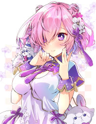 Rule 34 | 1girl, :&lt;, alternate costume, bag, blush, breasts, commentary request, dress, fate/grand order, fate (series), flower, fou (fate), hair flower, hair ornament, hair over one eye, hair ribbon, hat, large breasts, looking at viewer, mash kyrielight, mash kyrielight (fgo shanghai expo), purple eyes, ribbon, short hair, short sleeves, smile, wasa (pixiv29582664), white dress, white flower, wrist cuffs