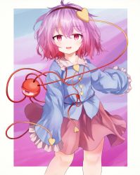 Rule 34 | 1girl, ahoge, ar (maeus), blouse, blue shirt, buttons, empty eyes, eyeball, feet out of frame, frilled shirt collar, frilled sleeves, frills, hairband, heart button, highres, komeiji satori, long sleeves, looking at viewer, messy hair, miniskirt, open mouth, parted lips, pink eyes, pink skirt, purple hair, red hairband, ribbon trim, shirt, short hair, skirt, sleeves past fingers, sleeves past wrists, smile, solo, third eye, touhou, wide sleeves