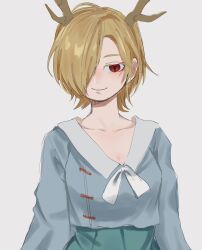 Rule 34 | 1girl, antlers, blonde hair, blue shirt, blush, breasts, cleavage, commentary request, hair over one eye, highres, horns, kicchou yachie, looking at viewer, medium breasts, nose blush, shirt, short hair, simple background, solo, touhou, upper body, white background, yagisan1578