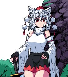 Rule 34 | 1girl, animal ear fluff, animal ears, bandages, bare shoulders, black gloves, black skirt, breasts, closed mouth, detached sleeves, fingerless gloves, formicid, gloves, hair between eyes, hat, holding, holding weapon, inubashiri momiji, jaggy lines, jewelry, large breasts, necklace, oekaki, outdoors, pom pom (clothes), red eyes, red hat, ribbon-trimmed sleeves, ribbon trim, rock, shirt tucked in, short hair, skirt, solo, sword, tail, thick eyebrows, tokin hat, touhou, tree, weapon, white hair, white sleeves, wide sleeves, wolf ears, wolf tail