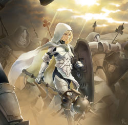 Rule 34 | 1girl, 6+boys, armor, armored boots, armored gloves, blonde hair, boots, breastplate, cape, fantasy, female knight, holding, holding weapon, hood, knight, mace, mask, multiple boys, original, plate armor, serious, shield, thigh boots, thighhighs, tsk img, weapon