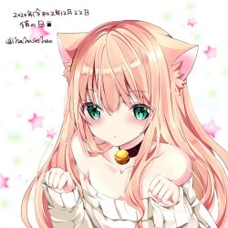 Rule 34 | 1girl, animal ear fluff, animal ears, bad id, bad pixiv id, bare shoulders, bell, black choker, blush, cat day, cat ears, choker, collarbone, commentary request, green eyes, hair between eyes, hands up, jingle bell, light brown hair, long hair, long sleeves, looking at viewer, nanase nao, neck bell, off-shoulder sweater, off shoulder, original, parted lips, paw pose, sleeves past wrists, solo, star (symbol), starry background, sweater, translation request, twitter username, upper body, white background, white sweater