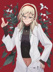 Rule 34 | 1girl, absurdres, aqua eyes, blonde hair, earpiece, girls&#039; frontline, glasses, hair ornament, hairband, hairpin, hand on own hip, highres, lab coat, long hair, looking at viewer, mole, mole under mouth, navel, parted lips, red background, shaw (girls&#039; frontline), solo, upper body, yotsuyama (yomo8ama)