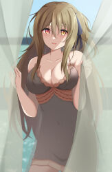 Rule 34 | 1girl, 7-mzk, assault lily, bare arms, bare shoulders, black ribbon, blurry, blurry background, blush, bow, breasts, brown bow, brown hair, chemise, cleavage, collarbone, covered navel, curtain grab, curtains, day, hair between eyes, hair ribbon, hands up, heterochromia, highres, indoors, kuo shenlin, large breasts, light particles, light smile, long hair, looking at viewer, official alternate costume, one side up, parted lips, red eyes, ribbon, sidelocks, solo, spaghetti strap, standing, transparent, very long hair, window, yellow eyes