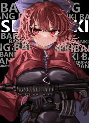 Rule 34 | 1girl, absurdres, adapted costume, akatsuki records, assault rifle, black bodysuit, bodysuit, cape, cloak, gloves, gun, highres, holding, holding gun, holding weapon, latex, latex bodysuit, latex gloves, latex suit, m4 carbine, ougiikun, red cape, red cloak, red hair, ribbon-trimmed bow, rifle, rock &#039;n&#039; rock &#039;n&#039; beat, sekibanki, skin tight, solo, touhou, two-sided cape, two-sided fabric, two-tone cape, weapon, zipper