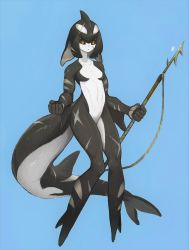 Rule 34 | 1girl, black hair, black nails, black sclera, black skin, blue background, cetacean tail, clenched hands, colored inner hair, colored sclera, colored skin, completely nude, daon (kenta111881), dorsal fin, facial scar, fingernails, fins, fish tail, full body, harpoon, head fins, highres, holding, holding weapon, looking away, monster girl, multicolored hair, nail polish, no feet, nude, orca girl, original, scar, scar on arm, scar on cheek, scar on face, scar on leg, scar on tail, sharp fingernails, solo, tail, two-tone hair, weapon, white hair, white skin, yellow eyes