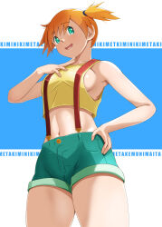 Rule 34 | 1girl, adapted costume, asymmetrical hair, bare legs, blush, breasts, cowboy shot, creatures (company), denim, denim shorts, female focus, game freak, green eyes, gym leader, hair tie, highres, island lagoon, legs, looking at viewer, medium breasts, misty (pokemon), navel, nintendo, orange hair, pokemon, pokemon (anime), pokemon (classic anime), ponytail, red hair, shirt, short hair, short ponytail, short shorts, shorts, side ponytail, simple background, smile, solo, suspenders, tank top, thighs, wide hips, yellow shirt, yellow tank top