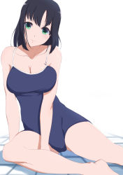 Rule 34 | 1girl, bare arms, black hair, blue hair, breasts, cleavage, competition school swimsuit, glasses, green eyes, highres, legs, long hair, looking at viewer, one-piece swimsuit, saki (manga), school swimsuit, sitting, smile, solo, swimsuit, touyoko momoko, yamaori