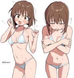 Rule 34 | 1girl, @ @, artist name, bare arms, bikini, blush, breasts, brown eyes, brown hair, covering breasts, covering privates, cowboy shot, crossed arms, embarrassed, hagiwara yukiho, hair between eyes, highres, idolmaster, idolmaster (classic), multiple views, navel, open mouth, shisoneri, short hair, simple background, small breasts, solo, stomach, sweat, swimsuit, twitter username, white background, white bikini
