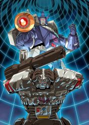 Rule 34 | aiming, arm cannon, cannon, damaged, decepticon, emblem, energy gun, galvatron, hands on own head, looking at viewer, mecha, megatron, no humans, robot, science fiction, spoilers, transformation, transformers, transformers: generation 1, weapon