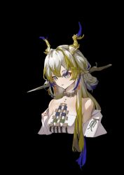 Rule 34 | 1girl, arknights, bare shoulders, black background, blonde hair, blue eyes, choker, commentary request, grey hair, haorenai, highres, horns, jewelry, long hair, necklace, off shoulder, pointy ears, shu (arknights), simple background, solo, strapless, tube top, upper body