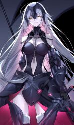 Rule 34 | 1girl, armor, armored dress, black armor, black background, black dress, black gloves, black sleeves, breasts, chain, clothing cutout, detached sleeves, dress, fate/grand order, fate (series), flag, fur-trimmed sleeves, fur trim, gauntlets, gloves, grey hair, hair between eyes, headpiece, highres, holding, holding flag, holding polearm, holding sword, holding weapon, jeanne d&#039;arc alter (avenger) (fate), jeanne d&#039;arc alter (avenger) (third ascension) (fate), jeanne d&#039;arc alter (fate), long hair, looking at viewer, medium breasts, navel, pale skin, plackart, polearm, pttyr, simple background, solo, stomach cutout, sword, very long hair, weapon, yellow eyes