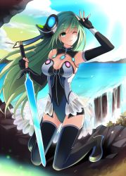 Rule 34 | 1girl, ;o, armpits, bad id, bad pixiv id, black footwear, black gloves, black thighhighs, boots, breasts, cleavage, cloud, day, detached collar, elbow gloves, fingerless gloves, full body, gloves, gluteal fold, green eyes, green hair, hair ornament, hand over face, hand up, kneeling, large breasts, leotard, long hair, matching hair/eyes, milcho, ocean, one eye closed, open mouth, original, showgirl skirt, skin tight, solo, sword, thigh boots, thighhighs, water, waterfall, weapon