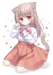 Rule 34 | 1girl, animal ears, blush, bow, brown hair, cat ears, cat girl, cat tail, cherry hair ornament, closed mouth, collared shirt, commentary, dress shirt, food-themed hair ornament, full body, hair ornament, hairclip, hands up, highres, long hair, long sleeves, looking at viewer, nakkar, no shoes, original, plaid, plaid bow, pleated skirt, puffy long sleeves, puffy sleeves, red bow, red eyes, red skirt, seiza, shirt, sitting, skirt, sleeves past wrists, socks, solo, tail, twitter username, white background, white shirt, white socks