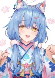 Rule 34 | 1girl, :d, ahoge, animal ear fluff, animal ears, animal hands, bell, blue kimono, blue nails, blue ribbon, blush, cat ears, cat girl, cat paws, cat tail, floral print, hair between eyes, hair ornament, hair over shoulder, hairclip, hands up, haoni, heart, heart ahoge, highres, holofive, hololive, japanese clothes, kemonomimi mode, kimono, long hair, long sleeves, looking at viewer, low twintails, multicolored hair, nail polish, obi, open mouth, pointy ears, print kimono, ribbon, sash, simple background, smile, snowflake print, solo, tail, twintails, virtual youtuber, white background, wide sleeves, yagasuri, yellow eyes, yukihana lamy, yukihana lamy (new year)