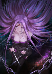 Rule 34 | 1girl, ahoge, bare shoulders, black thighhighs, bodysuit, breasts, chain, fate/grand order, fate/stay night, fate (series), fingerless gloves, gloves, highres, holding, holding weapon, incoming attack, kiyakyuu, large breasts, long hair, looking at viewer, medusa (fate), medusa (rider) (fate), open mouth, purple eyes, purple hair, skirt, solo, square pupils, tattoo, thighhighs, very long hair, weapon