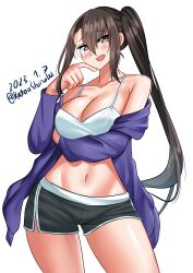 Rule 34 | absurdres, artistic error, black hair, black shorts, breasts, brown eyes, crop top, dated, dolphin shorts, highres, jacket, jacket partially removed, kantai collection, katou shinobu, large breasts, long hair, midriff, nachi (kancolle), navel, one-hour drawing challenge, purple jacket, shorts, side ponytail, simple background, spaghetti strap, twitter username, white background