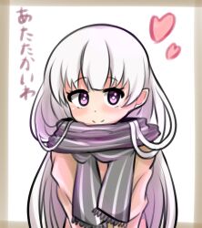 Rule 34 | 1girl, blush, brown jacket, closed mouth, commentary request, enpera, fate/extra, fate (series), fringe trim, grey hair, grey scarf, heart, highres, jacket, long hair, looking at viewer, nursery rhyme (fate), pointy ears, purple eyes, scarf, smile, solo, striped clothes, striped scarf, translation request, upper body, very long hair, white background, yuya090602