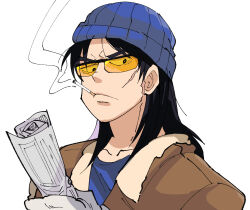 Rule 34 | 1boy, beanie, black hair, blue hat, bomber jacket, brown jacket, cigarette, closed mouth, commentary request, facial scar, frown, hat, holding, holding newspaper, inudori, itou kaiji, jacket, kaiji, long hair, looking at viewer, male focus, medium bangs, newspaper, orange-tinted eyewear, rolled up newspaper, scar, scar on cheek, scar on face, simple background, smoke, smoking, solo, sunglasses, tinted eyewear, upper body, v-shaped eyebrows, white background