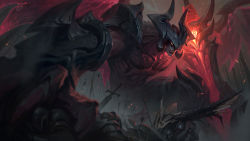 Rule 34 | 1boy, aatrox, abs, angry, arrow (projectile), battlefield, claymore (sword), corpse, demon, demon boy, demon wings, dust, fantasy, furious, glowing, glowing eyes, greatsword, highres, horns, kneeling, league of legends, light particles, male focus, muscular, muscular male, official art, pectorals, red eyes, riot games, size difference, sky, splashing, sword, teeth, topless male, torn wings, victor maury, warrior, weapon, wings