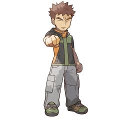 Rule 34 | 1boy, arm up, artist request, brock (pokemon), brown hair, clenched hands, closed eyes, creatures (company), full body, game freak, green footwear, grey pants, gym leader, male focus, multicolored shirt, nintendo, official art, outline, outstretched arm, pants, pokemon, pokemon lgpe, shirt, shoes, short hair, short sleeves, simple background, solo, standing, transparent background, white outline