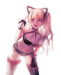 Rule 34 | :p, animal ears, asymmetrical legwear, bare shoulders, black choker, black gloves, black shorts, black thighhighs, blonde hair, blue eyes, bracelet, braid, breasts, cat ears, choker, clothing request, collarbone, commentary, cowboy shot, danganronpa (series), danganronpa v3: killing harmony, fake animal ears, fangs, fingerless gloves, fishnet thighhighs, fishnets, gloves, gwanlamcha, hair between eyes, hand on own thigh, highres, iruma miu, jewelry, large breasts, leaning forward, long hair, looking at viewer, micro shorts, middle finger, mismatched legwear, navel, o-ring, o-ring choker, o-ring top, open clothes, open fly, open mouth, open shorts, panties, shorts, side-tie panties, side ponytail, simple background, solo, spiked bracelet, spikes, stomach, symbol-only commentary, thighhighs, tongue, tongue out, underwear, white background