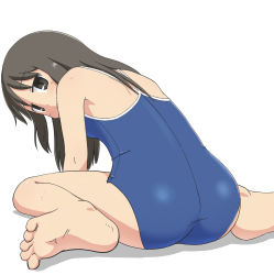 Rule 34 | 1girl, ass, back, barefoot, black eyes, black hair, feet, long hair, looking at viewer, looking back, minakami mai, nichijou, no eyewear, one-piece swimsuit, shadow, simple background, sitting, soles, solo, swimsuit, tan, toes, tomboo, wariza, wet, white background