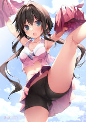 Rule 34 | 1girl, :o, absurdres, armpits, arms up, ass, bare arms, bare shoulders, bike shorts, black hair, black shorts, blue eyes, breasts, cheerleader, collarbone, crop top, crop top overhang, highres, karory, leg up, long hair, looking at viewer, low twintails, medium breasts, midriff, miniskirt, navel, open mouth, original, pink shirt, pink skirt, pleated skirt, pom pom (cheerleading), shirt, short shorts, shorts, shorts under skirt, skirt, sleeveless, sleeveless shirt, solo, stomach, thighs, twintails, upskirt