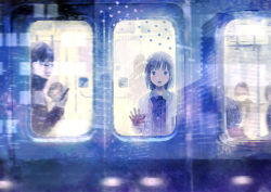 Rule 34 | 1girl, against glass, brown hair, cardigan, commentary, from outside, glasses, hand on window, highres, looking outside, nakamura hinata, open mouth, original, revision, short hair, train, window