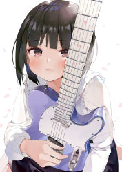 Rule 34 | 1girl, black skirt, blouse, blush, brown eyes, brown hair, closed mouth, electric guitar, fender telecaster, gaou (umaiyo puyoman), guitar, highres, holding, holding instrument, instrument, looking at viewer, original, shirt, short hair, skirt, solo, white background, white shirt