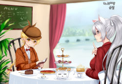 Rule 34 | 2girls, animal ears, blonde hair, book, bow, braid, cake, cat ears, chair, cup, dungeon and fighter, food, holding, holding book, holding pen, long hair, menu board, multiple girls, open book, orange eyes, pen, pie, plate, pointy ears, ponytail, red bow, red eyes, shaojiang, silver hair, sitting, table, teacup, tiered tray, window